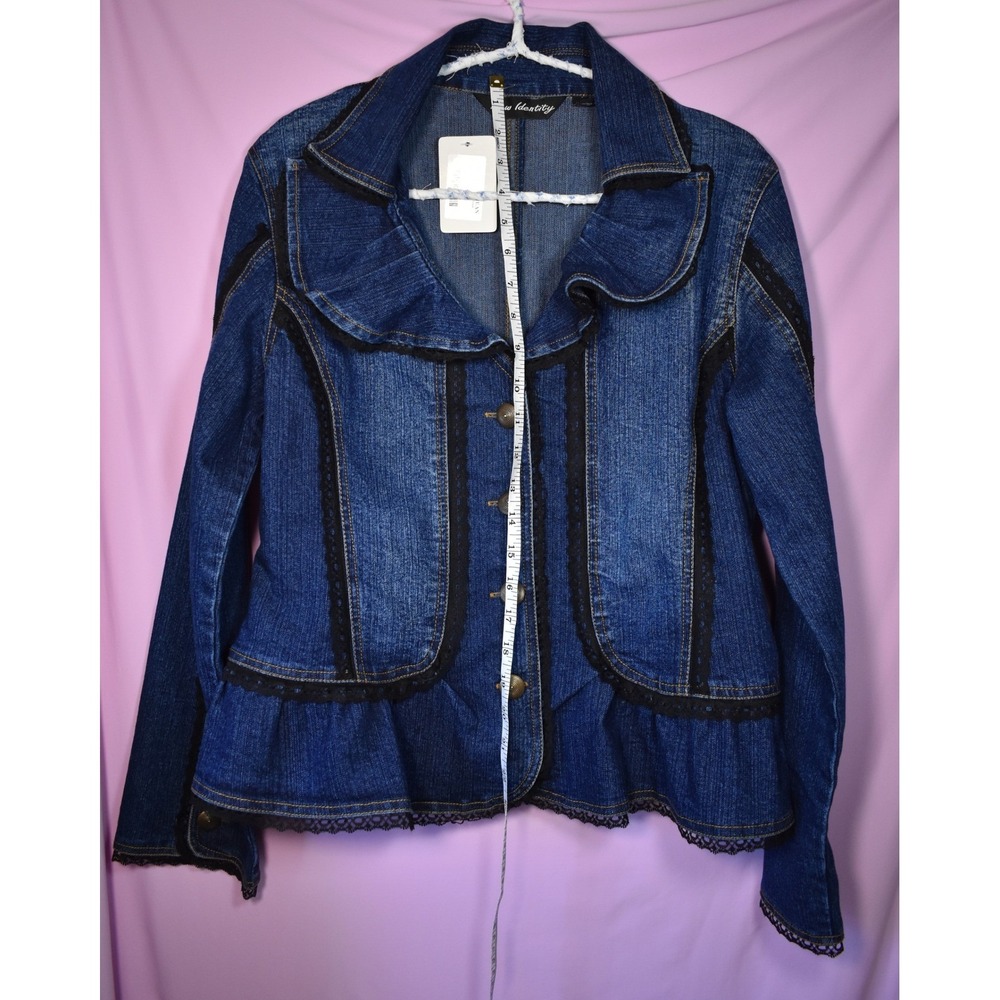 Midnight Denim Lace Trim Ruffle Peplum Jacket Medium New Identity - Picture 5 of 5
